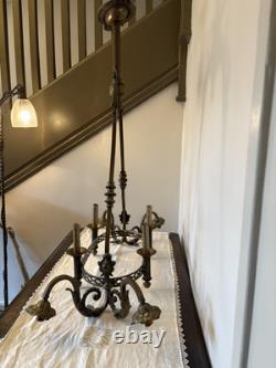 Antique 1800's Brass Gasolier Billiard Chandelier Light with Orig. Shades 36