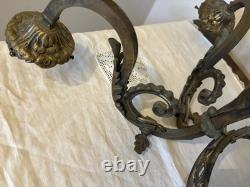 Antique 1800's Brass Gasolier Billiard Chandelier Light with Orig. Shades 36