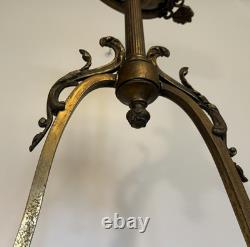 Antique 1800's Brass Gasolier Billiard Chandelier Light with Orig. Shades 36