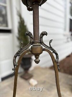 Antique 1800's Brass Gasolier Billiard Chandelier Light with Orig. Shades 36