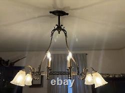 Antique 1800's Brass Gasolier Billiard Chandelier Light with Orig. Shades 36