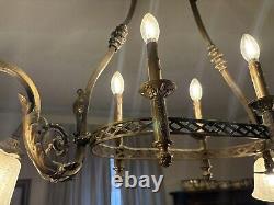 Antique 1800's Brass Gasolier Billiard Chandelier Light with Orig. Shades 36