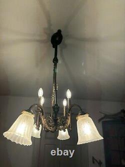 Antique 1800's Brass Gasolier Billiard Chandelier Light with Orig. Shades 36