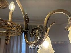 Antique 1800's Brass Gasolier Billiard Chandelier Light with Orig. Shades 36