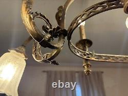 Antique 1800's Brass Gasolier Billiard Chandelier Light with Orig. Shades 36