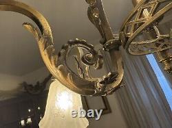 Antique 1800's Brass Gasolier Billiard Chandelier Light with Orig. Shades 36