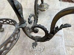 Antique 1800's Brass Gasolier Billiard Chandelier Light with Orig. Shades 36