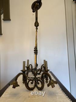 Antique 1800's Brass Gasolier Billiard Chandelier Light with Orig. Shades 36