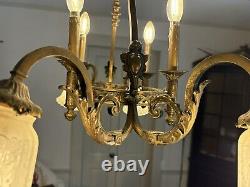 Antique 1800's Brass Gasolier Chandelier Light with Orig. Shades 36 Complete