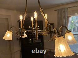 Antique 1800's Brass Gasolier Chandelier Light with Orig. Shades 36 Complete
