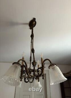 Antique 1800's Brass Gasolier Chandelier Light with Orig. Shades 36 Complete