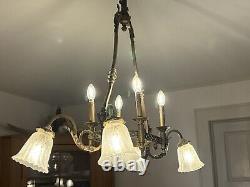 Antique 1800's Brass Gasolier Chandelier Light with Orig. Shades 36 Complete
