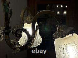 Antique 1800's Brass Gasolier Chandelier Light with Orig. Shades 36 Complete