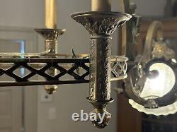 Antique 1800's Brass Gasolier Chandelier Light with Orig. Shades 36 Complete
