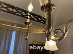 Antique 1800's Brass Gasolier Chandelier Light with Orig. Shades 36 Complete