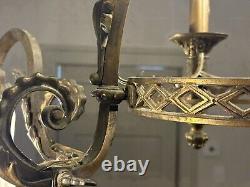 Antique 1800's Brass Gasolier Chandelier Light with Orig. Shades 36 Complete