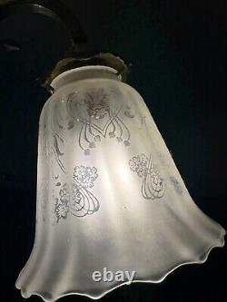 Antique 1800's Brass Gasolier Chandelier Light with Orig. Shades 36 Complete