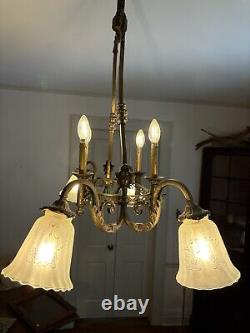 Antique 1800's Brass Gasolier Chandelier Light with Orig. Shades 36 Complete