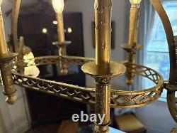 Antique 1800's Brass Gasolier Chandelier Light with Orig. Shades 36 Complete
