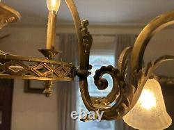 Antique 1800's Brass Gasolier Chandelier Light with Orig. Shades 36 Complete