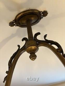 Antique 1800's Brass Gasolier Chandelier Light with Orig. Shades 36 Complete