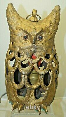 Antique 1900 1910s Cast Iron Owl Candle Holder Lantern Lamp GLASS EYES
