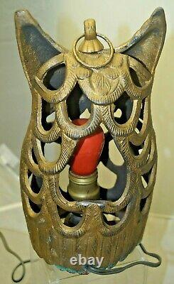 Antique 1900 1910s Cast Iron Owl Candle Holder Lantern Lamp GLASS EYES