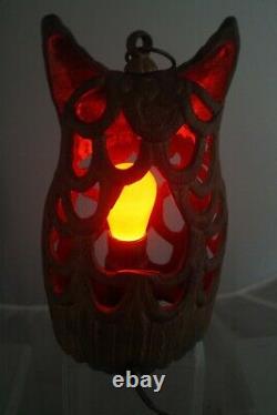Antique 1910 1920s Cast Iron Owl Candle Holder Halloween Lantern Lamp