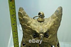 Antique 1910 1920s Cast Iron Owl Candle Holder Halloween Lantern Lamp