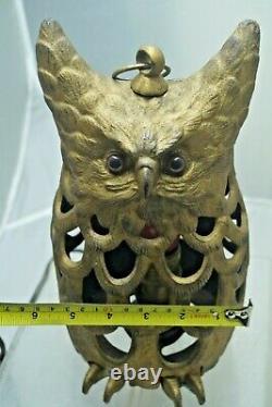 Antique 1910 1920s Cast Iron Owl Candle Holder Halloween Lantern Lamp