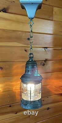Antique 1910s 20s Nautical Lantern Hanging Ceiling Light Lantern Brass Tin Vtg