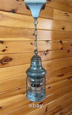 Antique 1910s 20s Nautical Lantern Hanging Ceiling Light Lantern Brass Tin Vtg
