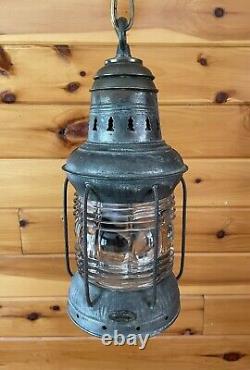 Antique 1910s 20s Nautical Lantern Hanging Ceiling Light Lantern Brass Tin Vtg