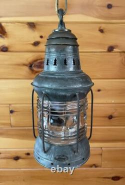 Antique 1910s 20s Nautical Lantern Hanging Ceiling Light Lantern Brass Tin Vtg