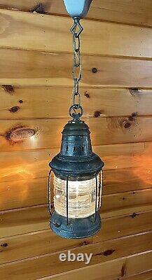 Antique 1910s 20s Nautical Lantern Hanging Ceiling Light Lantern Brass Tin Vtg