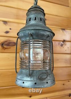 Antique 1910s 20s Nautical Lantern Hanging Ceiling Light Lantern Brass Tin Vtg