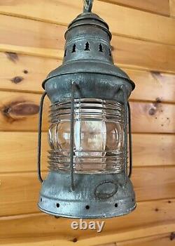 Antique 1910s 20s Nautical Lantern Hanging Ceiling Light Lantern Brass Tin Vtg