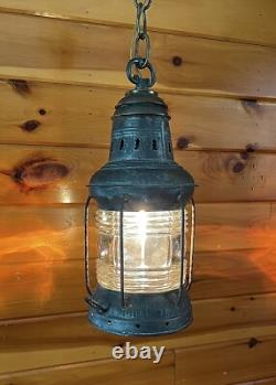 Antique 1910s 20s Nautical Lantern Hanging Ceiling Light Lantern Brass Tin Vtg
