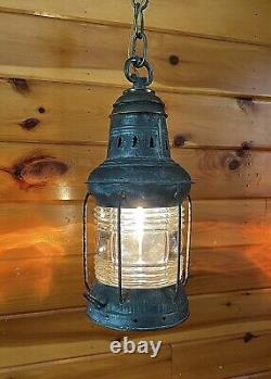 Antique 1910s 20s Nautical Lantern Hanging Ceiling Light Lantern Brass Tin Vtg