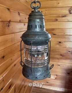 Antique 1910s 20s Nautical Lantern Hanging Ceiling Light Lantern Brass Tin Vtg
