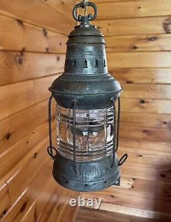 Antique 1910s 20s Nautical Lantern Hanging Ceiling Light Lantern Brass Tin Vtg