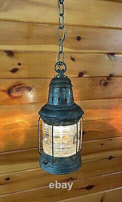 Antique 1910s 20s Nautical Lantern Hanging Ceiling Light Lantern Brass Tin Vtg
