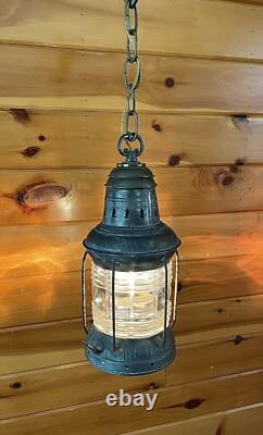 Antique 1910s 20s Nautical Lantern Hanging Ceiling Light Lantern Brass Tin Vtg