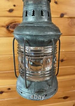 Antique 1910s 20s Nautical Lantern Hanging Ceiling Light Lantern Brass Tin Vtg