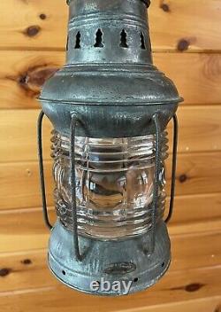 Antique 1910s 20s Nautical Lantern Hanging Ceiling Light Lantern Brass Tin Vtg