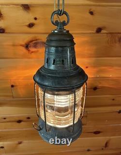 Antique 1910s 20s Nautical Lantern Hanging Ceiling Light Lantern Brass Tin Vtg