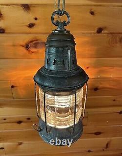 Antique 1910s 20s Nautical Lantern Hanging Ceiling Light Lantern Brass Tin Vtg