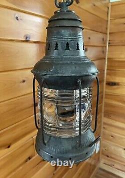 Antique 1910s 20s Nautical Lantern Hanging Ceiling Light Lantern Brass Tin Vtg