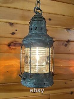 Antique 1910s 20s Nautical Lantern Hanging Ceiling Light Lantern Brass Tin Vtg