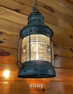Antique 1910s 20s Nautical Lantern Hanging Ceiling Light Lantern Brass Tin Vtg